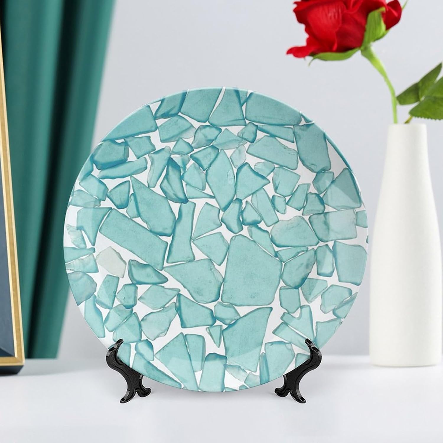 Teal Sea Glass Nautical Print Fashion Bone China Decorative Plate with Display Stand Ceramic Wall Art Decor