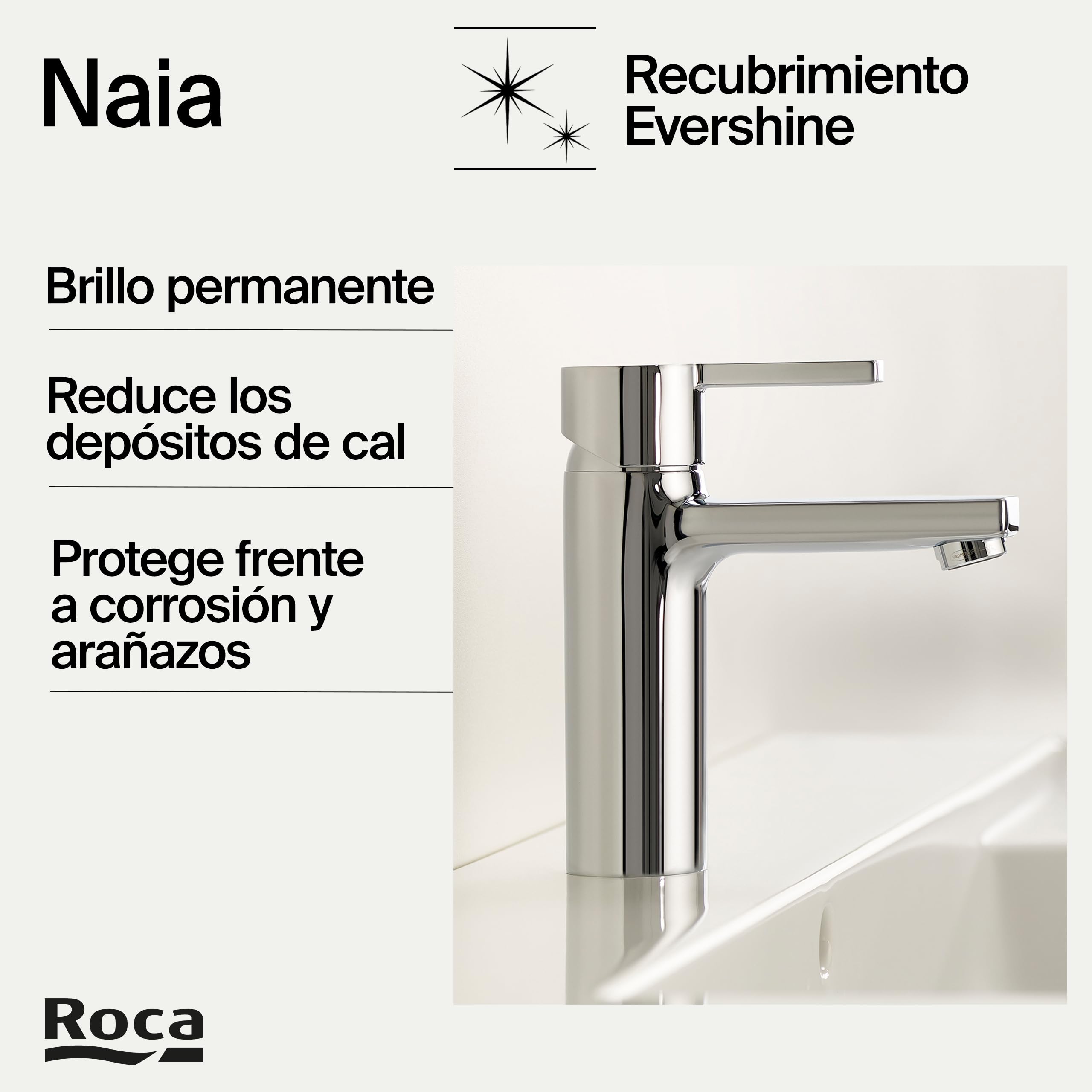 Roca Naia Grifería de lavabo con tecnología ColdStart, grifo monomando con enlaces de alimentación flexibles, mezclador de cuarto de baño con desagüe click-clack, fácil instalación, cromado A5A3296C00