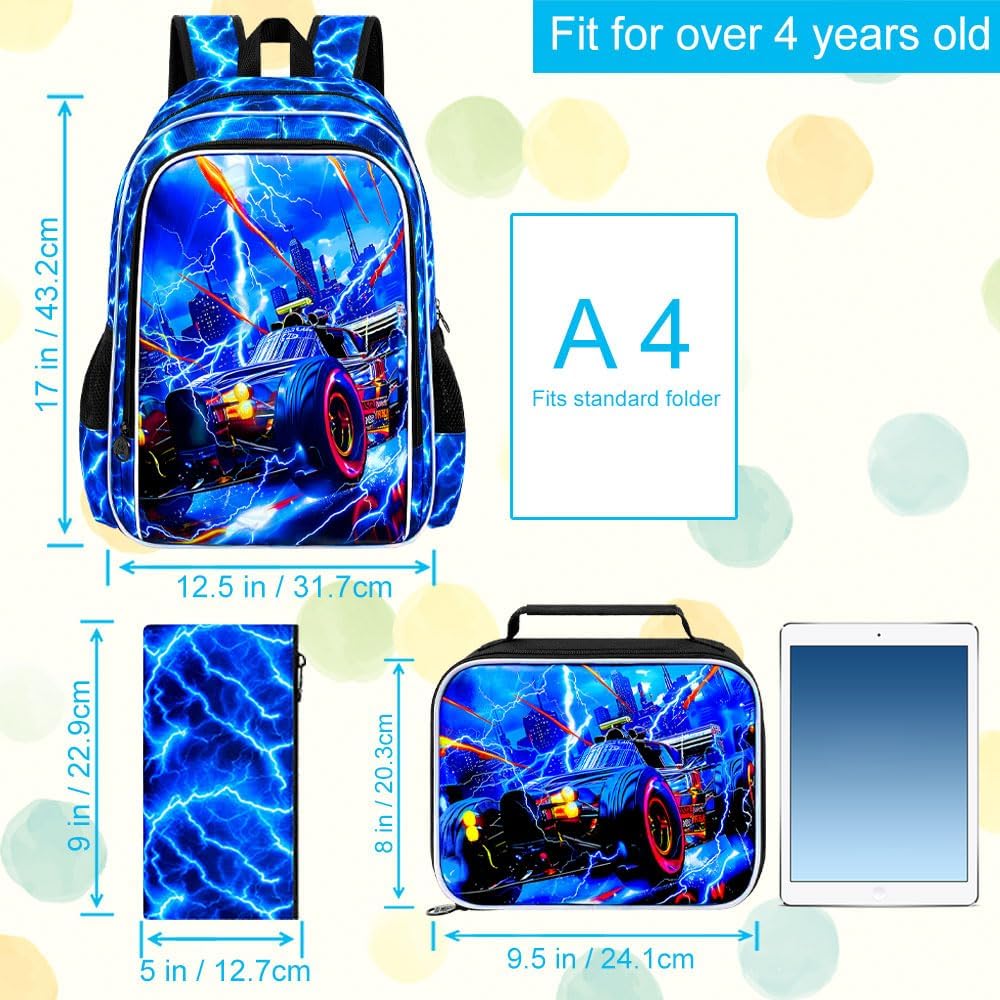 KLFVB 3PCS Lightning Backpack for Boys, 17" Race Car Bookbag and Lunch Box, Water Resistant Teenagers School Backpacks for Middle Elementary - Lightning Speed Car