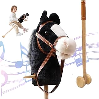 Wedhapy Caballos de Palo Caballo de Palo con Efectos de Sonido realistas Peluche de 39" de Alto Caballo de pasatiempo de Halloween con Ruedas y Poste de Madera Mango Antideslizante Color Negro