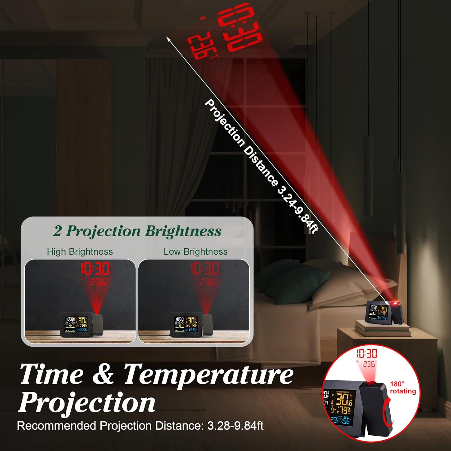 Weather Station with Alarms Projection Clock, Indoor Outdoor Thermometer with WWVB Function, Temperature Humidity Weather Forecast Station with Adjustable Backlight for Bedroom Ceiling