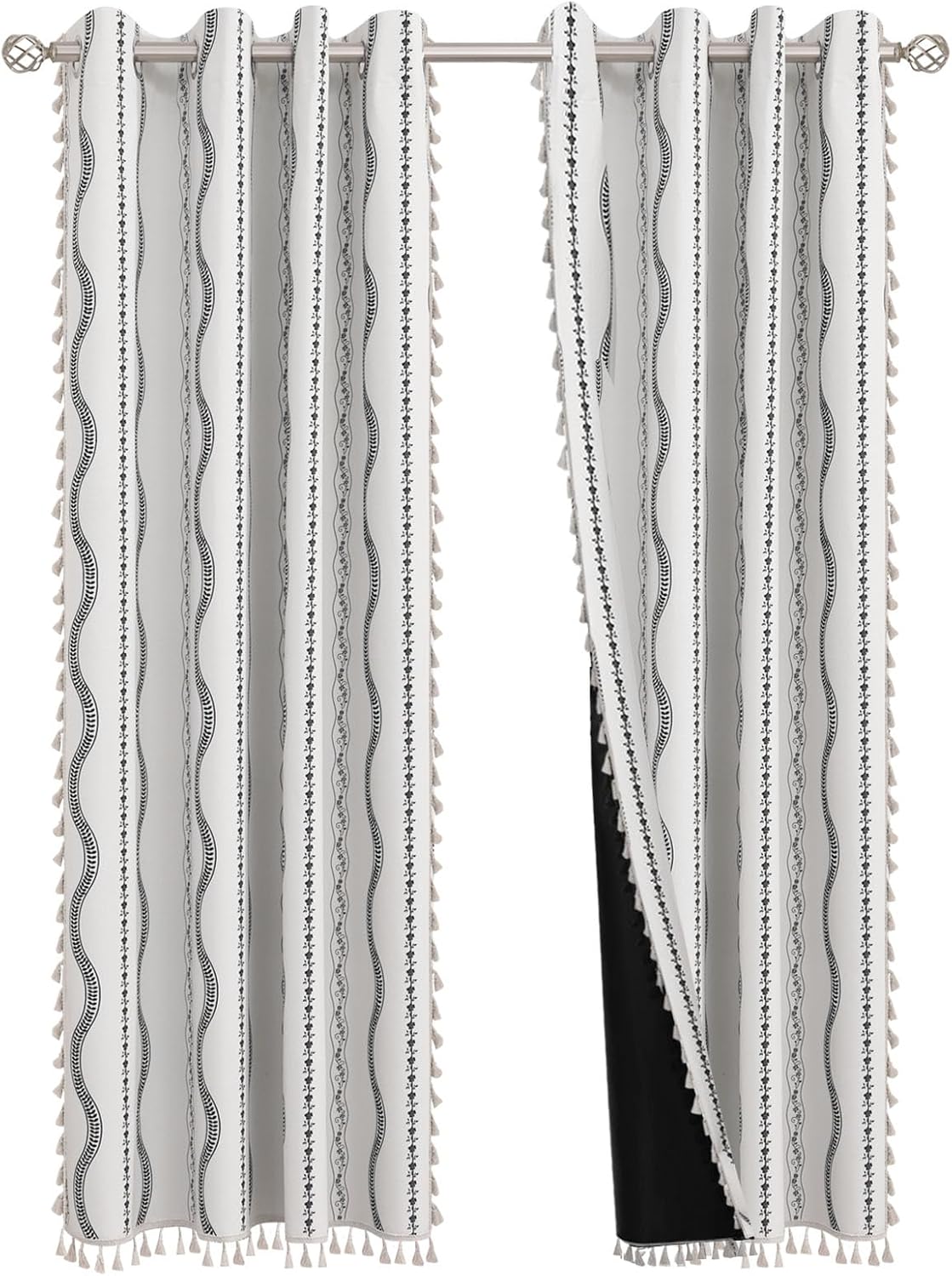 100% Full Blackout Curtains Velvet Window Curtain Bohemian arc Pattern Black Print Curtains Grommet for Bedroom Full Blackout Thermal Insulated Panels 97 Inch Long 2 Panels White