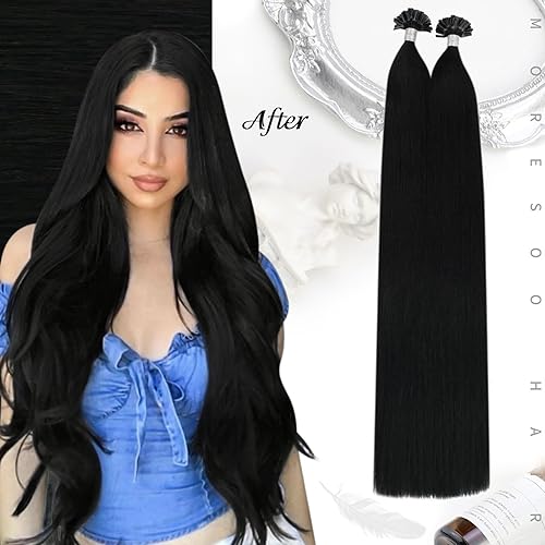 Miniatura 6 de Moresoo Extensiones de cabello humano con punta en U de 24 pulgadas, color 1 negro oscuro, extensiones de cabello humano real con queratina,