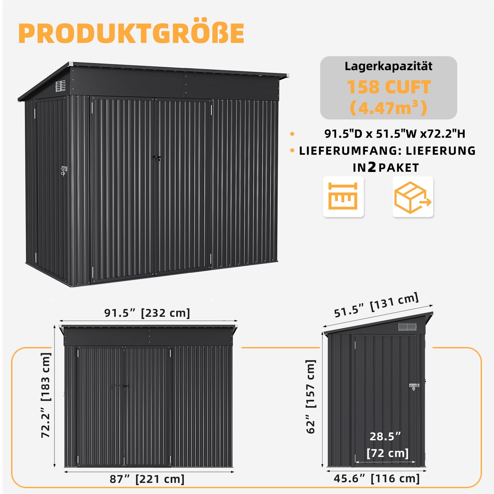 Aoxun Gartenhaus Metall 232x131x183cm mit 3 Türen & Pultdach, wetterfestes Fahrradgarage für bis 4 Fahrräder, Stabiler Geräteschuppen aus verzinktem Stahl für Garten Terrasse Hof