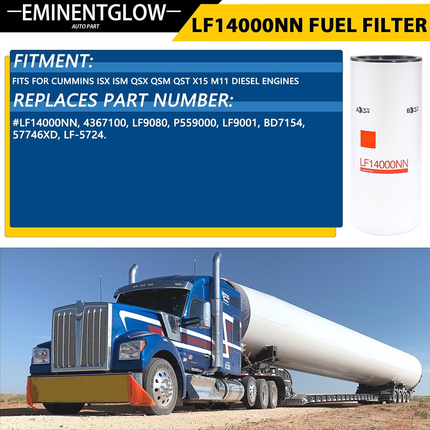 LF14000NN Oil/Lube Filter Compatible With Replaces Cummins ISX ISM QSX QSM QST X15 M11 Diesel Engines Replaces LF9080 LF9001 LF14000NN P559000 4367100 BD7154 57746XD,600-211-1340 Set Of 1