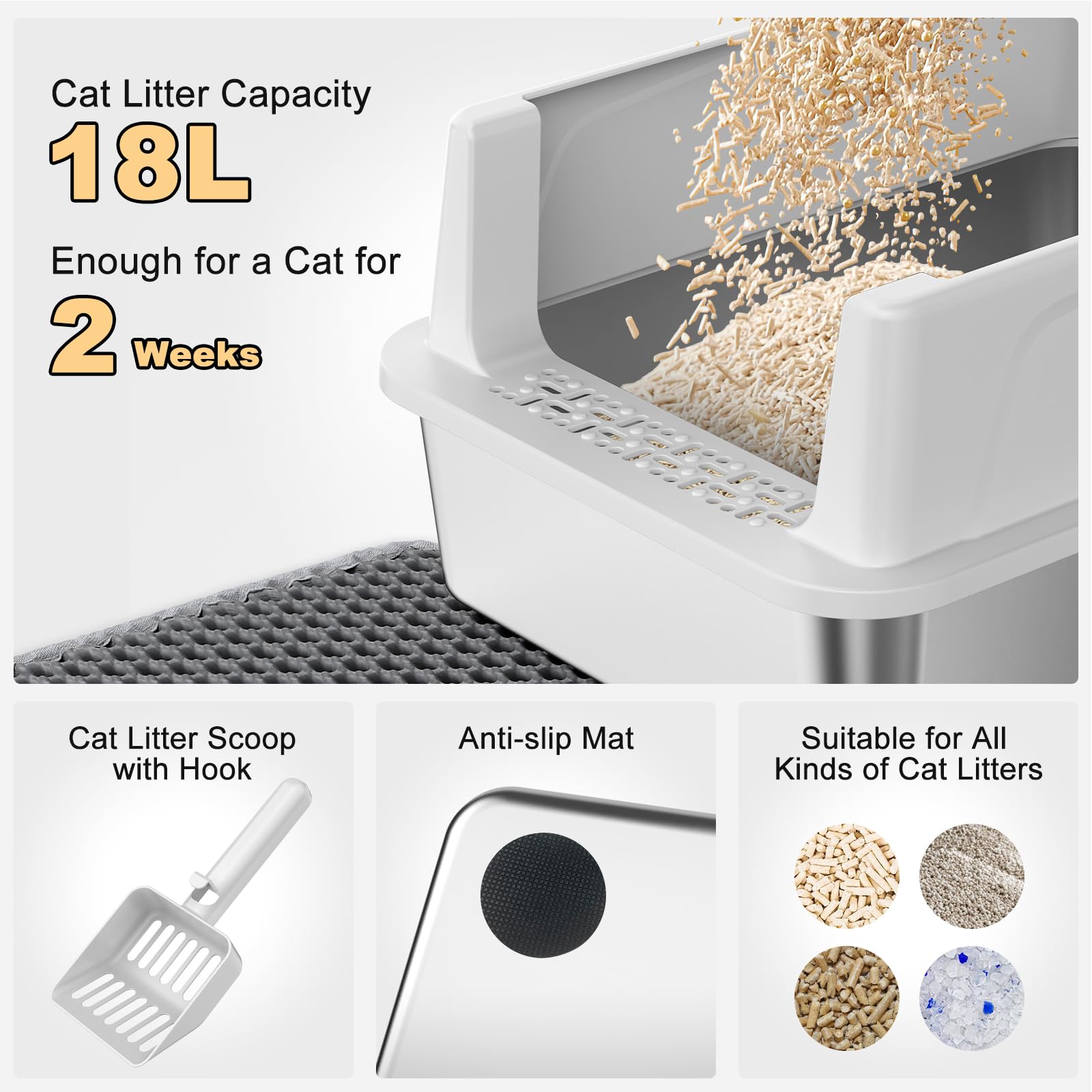 FURTIME Stainless Steel Cat Litter Box with Lid, Metal Kitty Litter Box for Small Cats, Kitten Litter Boxs with Scoop and Mat, Non-Sticky, Anti-Leakage, Easy to Clean, 17.4"x13.4"x8.4" (Small)