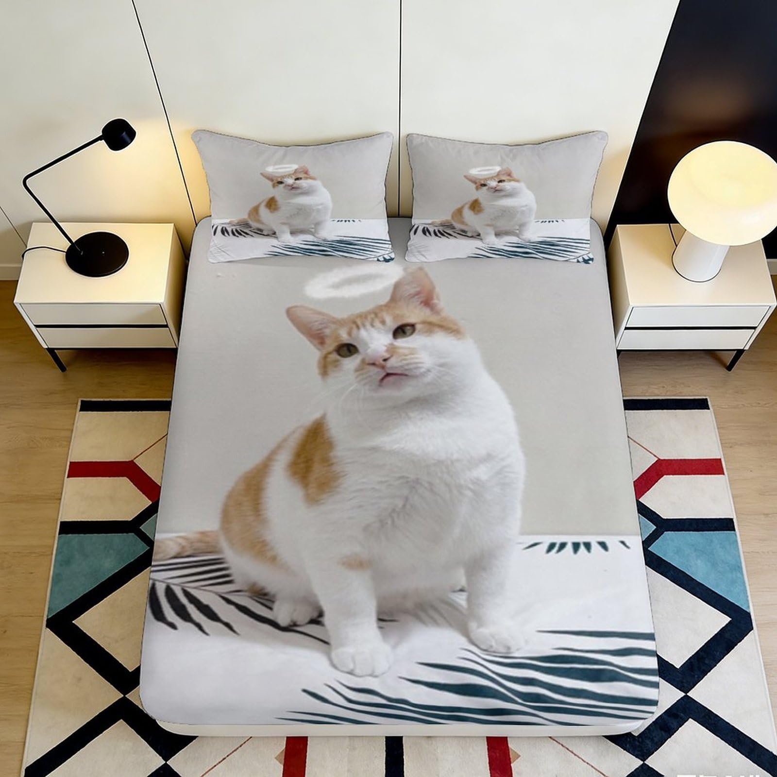 3D Printed Ginger Cat Fitted Sheet Microfiber Soft Breathable White Kitten Mattress Cover Bedroom Decor 90x200x25cm