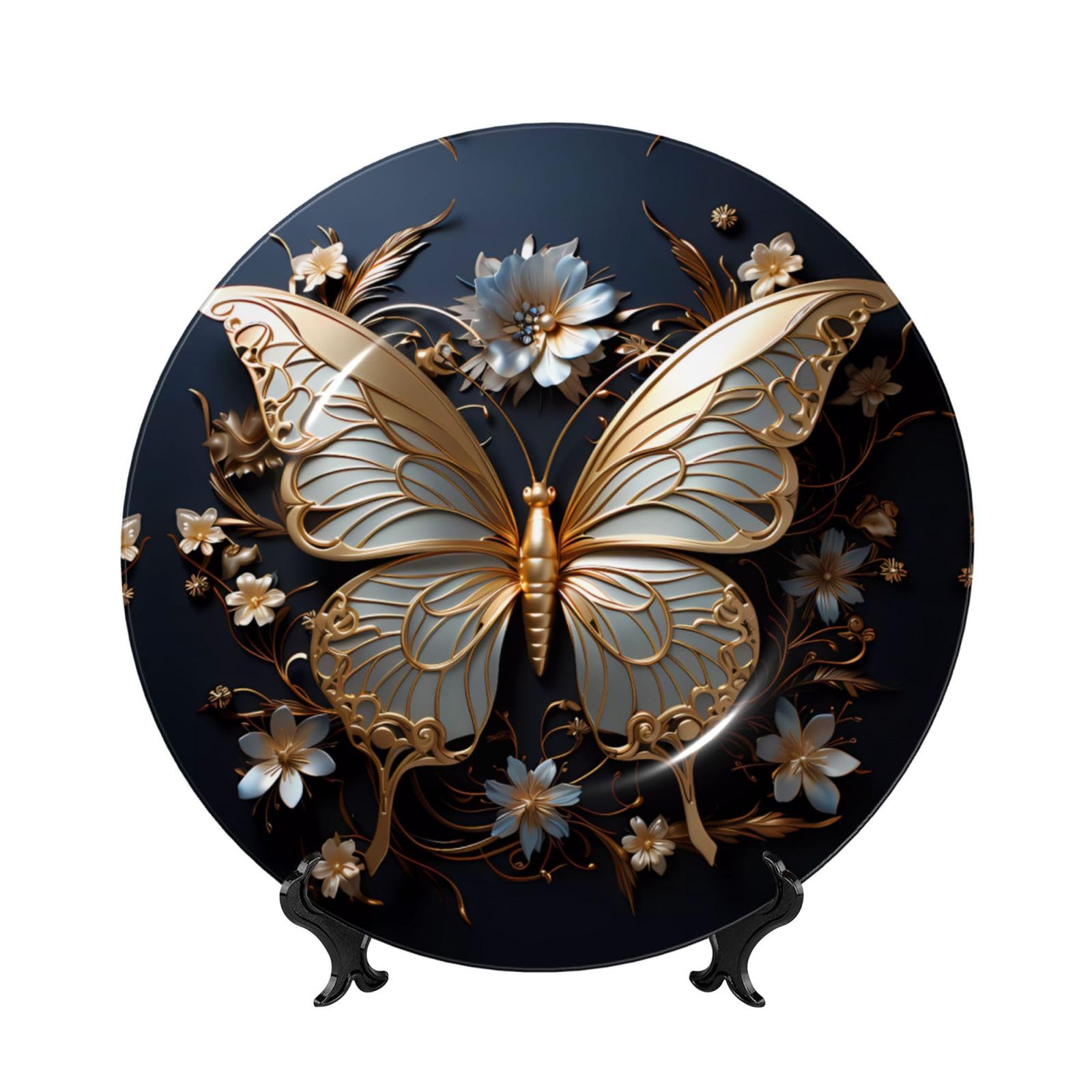 SXZVVBN Gold White Butterflies Bone China Decorative Plate Art with Stand Removable Adhesive Hanging for Home Office 10in（25cm）