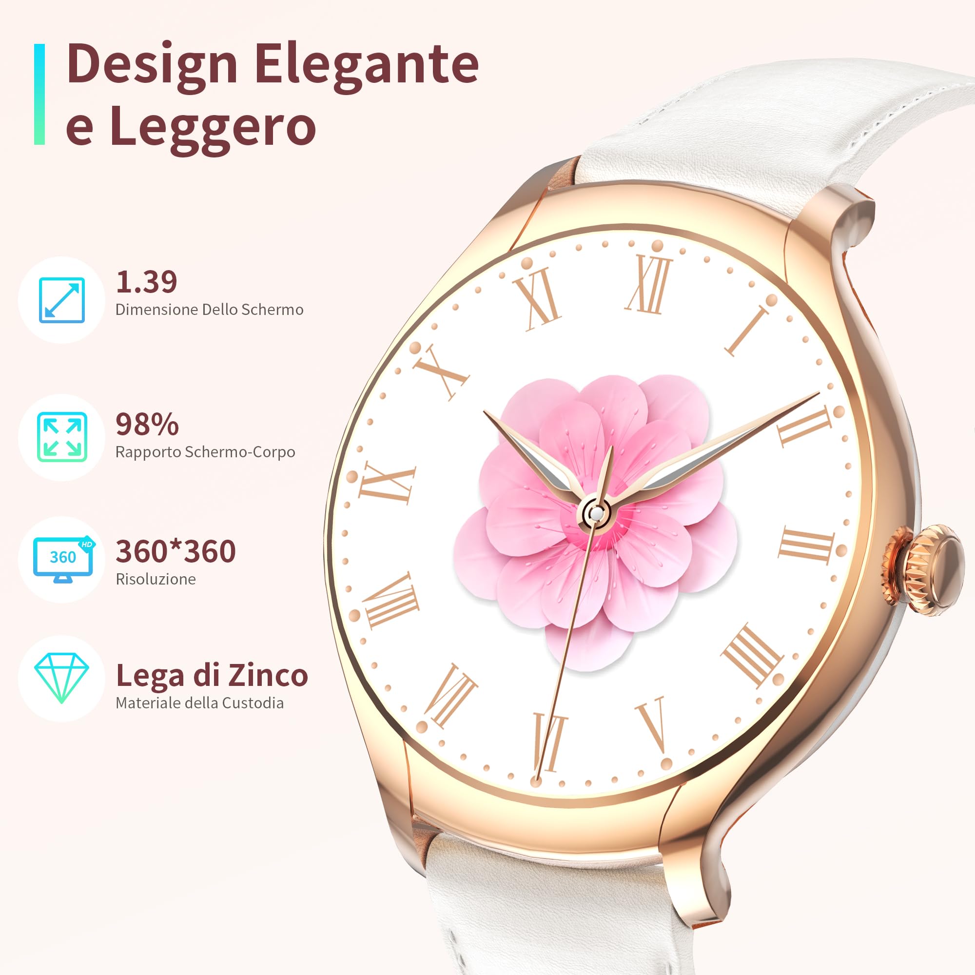 Smartwatch Donna Effettua e Risposta Chiamate,1.39'' Orologio Intelligente con Notifiche Messaggi Cardiofrequenzimetro/SpO2/Sonno,100+ Modalità Sport Fitness Tracker per Android iOS(Argento)