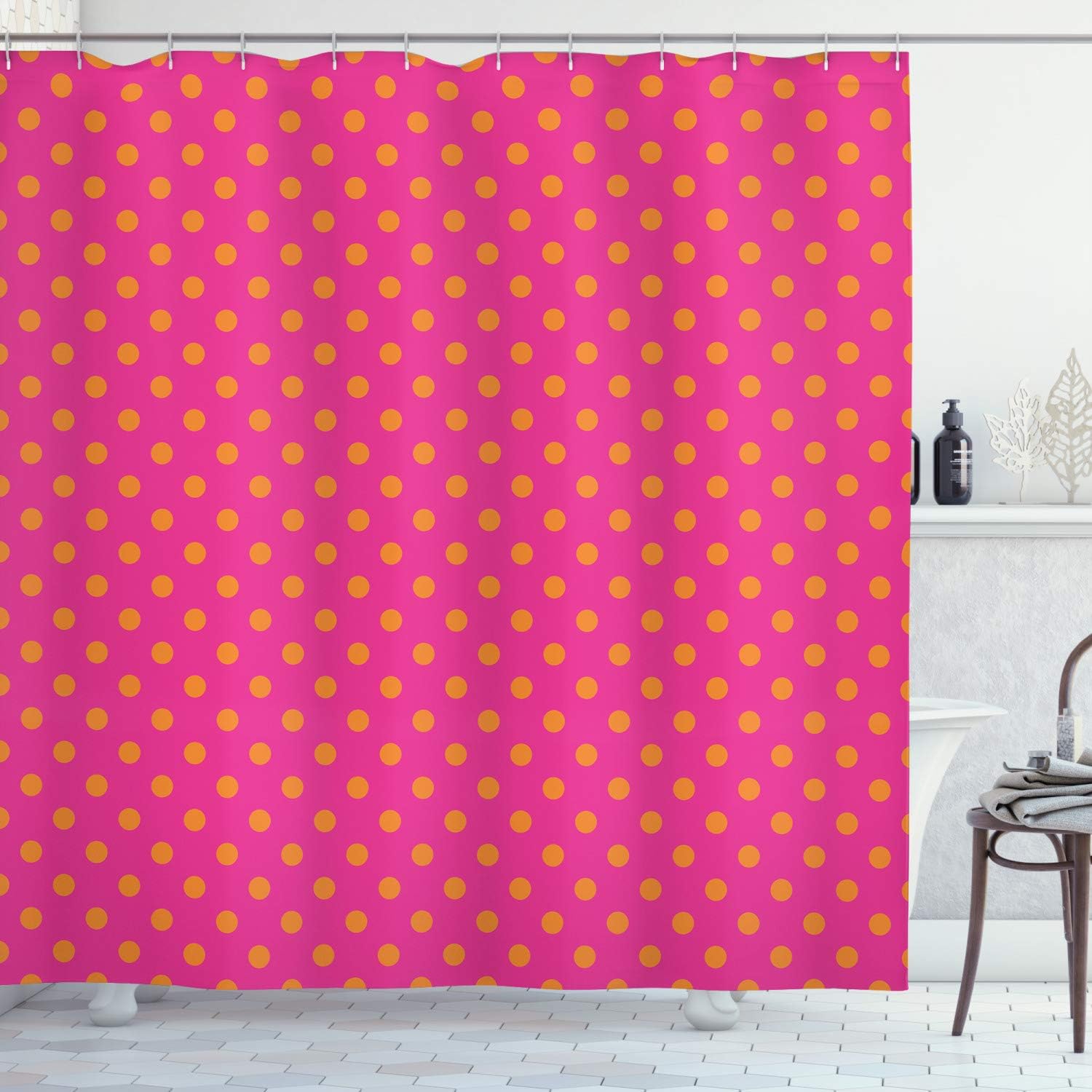 Ambesonne Pink and Orange Shower Curtain, Warm Colored Polka Dots Pattern Traditional Design Abstract Shapes, Cloth Fabric Bathroom Decor Set with Hooks, 69" W x 84" L, Pink and Orange