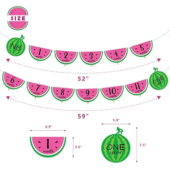 Watermelon Photo Banner 1-12 Month 1st Birthday Monthly Banner Baby Girl Photo Display Milestone Photograph Bunting Garland One In a Melon Summer Fruit Themed Party Supplies Decorations