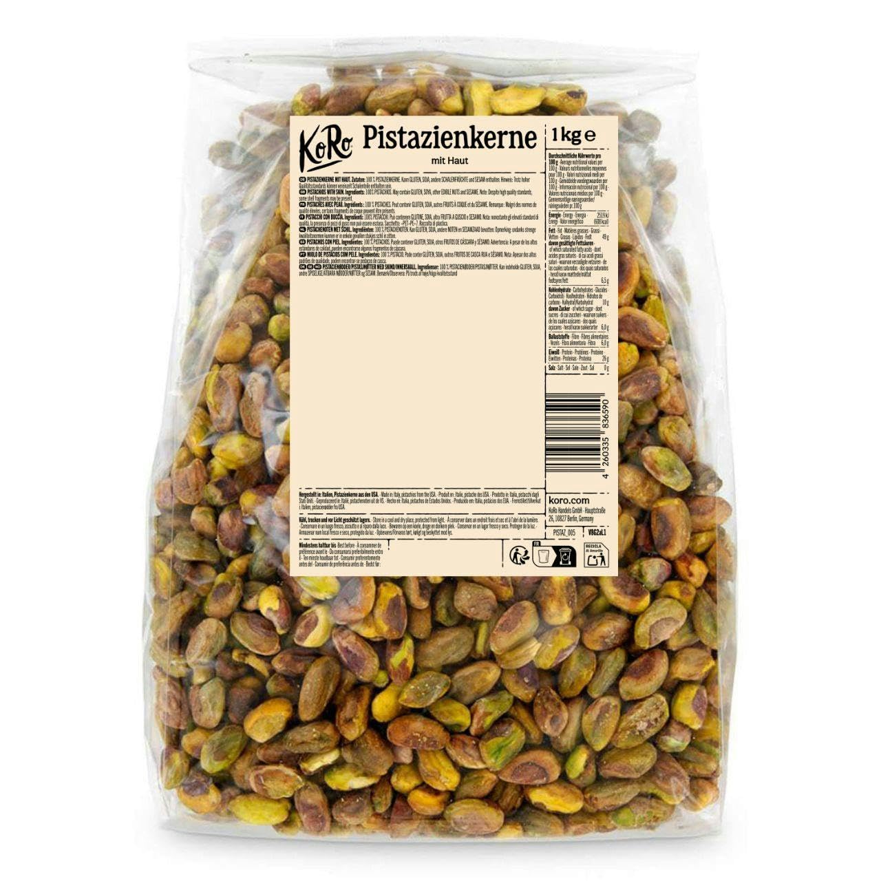 KoRo - Pistaches natures décortiquées - Non salées et naturelles sans additifs, emballage grand format