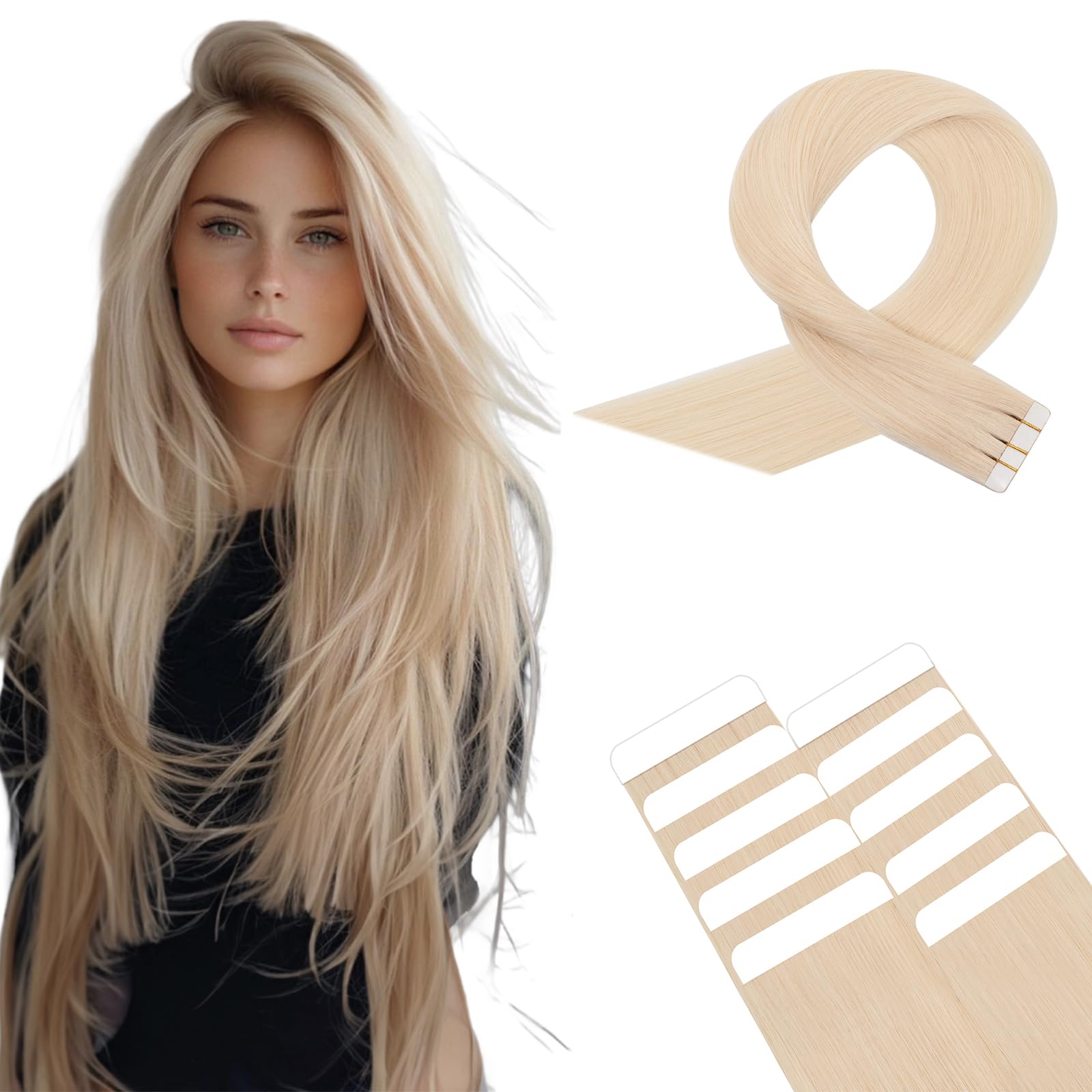 Benehair Tape in Hair Extensions Human Hair Invisible Skin Weft Remy #613 Bleach Blonde Seamless Injected Hair Extensions Real Human Straight 10 Pcs 18 Inches (25g)