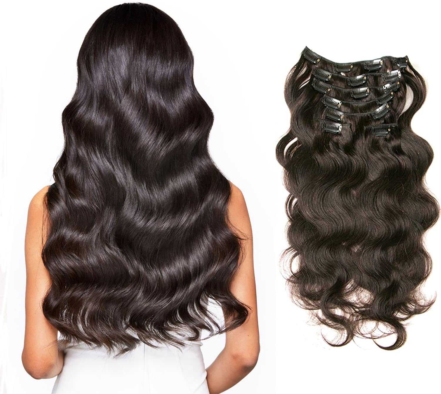 Clip in Hair Extensions 7pcs 70g Clip in Hair Extensions Human Hair Body Wave 16 Inch Hair Extensions Clip Ins for Women (1b#Natural black