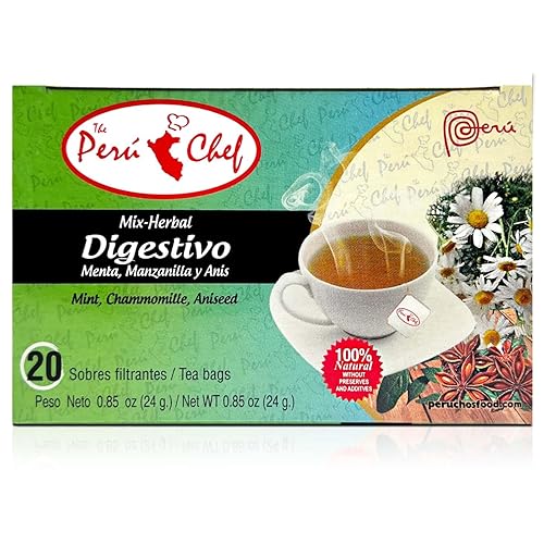 Peruchef Te Digestivo Mezcla de Hierbas (Menta, Camomila, Anís) 20 sobres  20 bolsas de té de hierbas mixtas digestivas (menta, manzanilla, anís) de