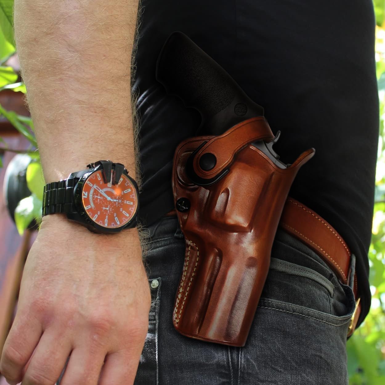 Masc OWB Leather Paddle Revolver Holster with Retention Strap, Fits 500 Magnum X-Frame 4-inch, Right Hand Draw, Brown #1433#