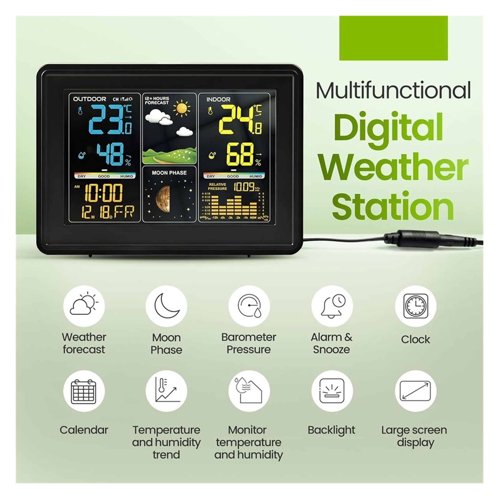 Estación meteorológica, Estación meteorológica inalámbrica con reloj atómico, barómetro y monitor de fase lunar