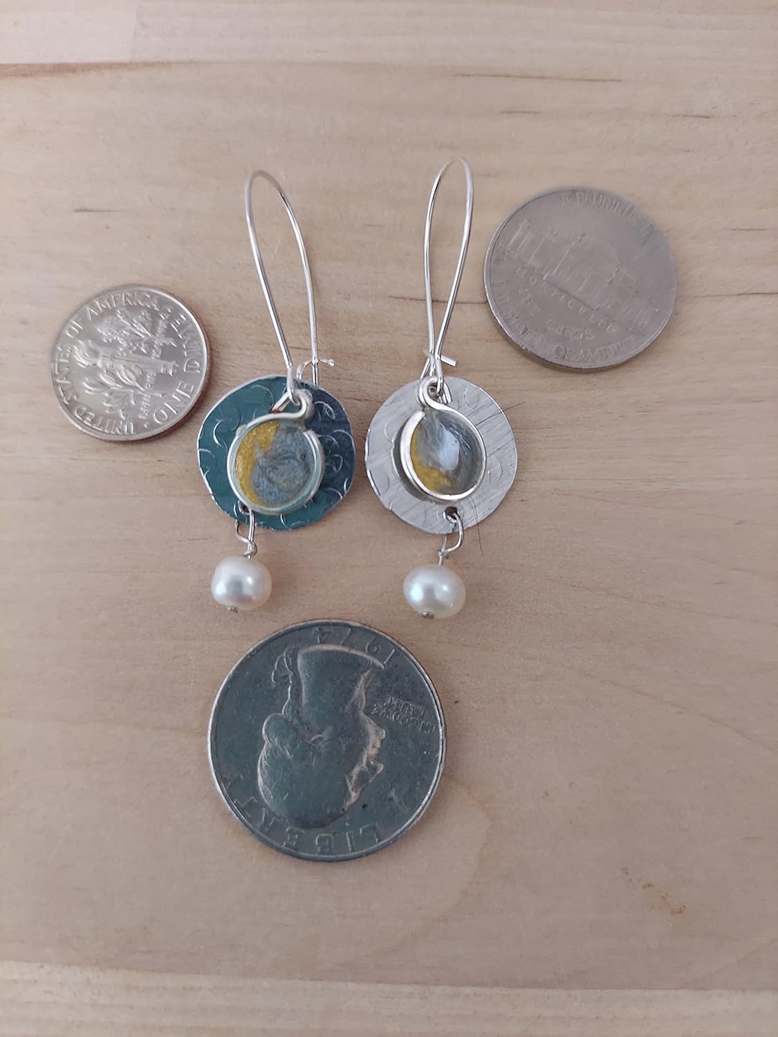 Handmade Lightweight Denim Blue Resin and Disc with Pearl Longer Drop Womens Earrings Beads by Bettina