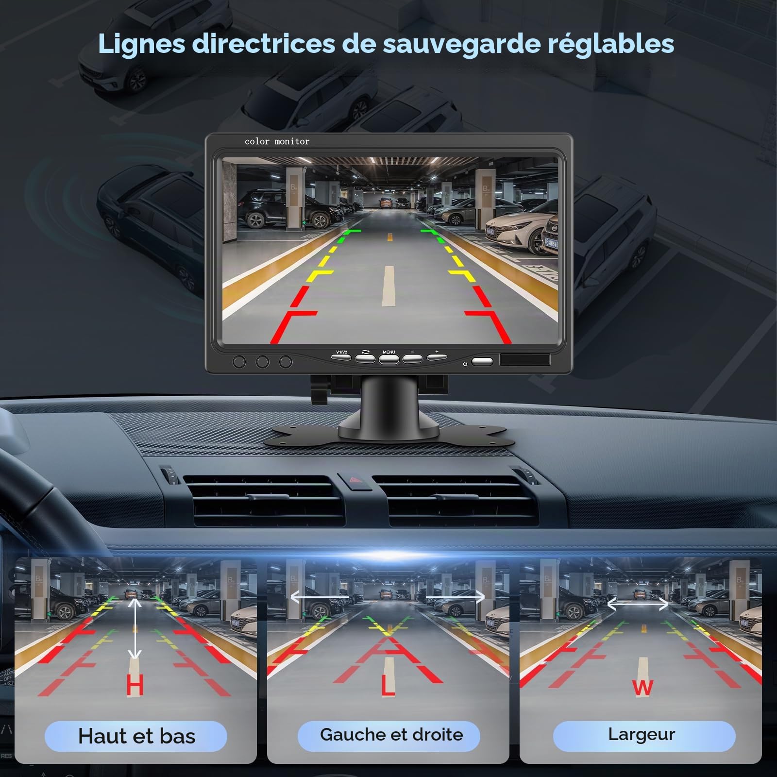 Caméra arrière 7 Pouces avec 2 caméras arrière, Podofo Kit caméra arrière 18 LED IR Vision Nocturne IP68 Caméra de recul étanche pour Camion RV Bus 9V-35V