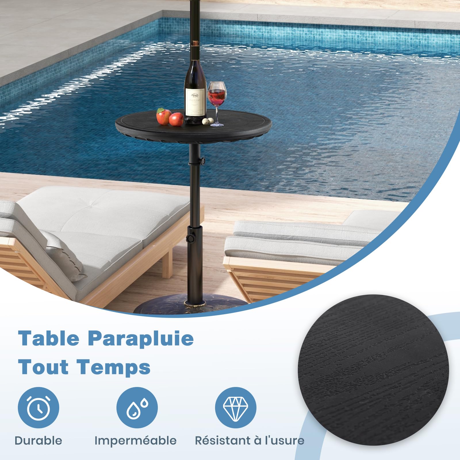 RELAX4LIFE Table de Parasol de Jardin Ronde Φ 50CM Hauteur Réglable Trou de Parasol 38 mm Plateau PE Imitation Grain de Bois Noir