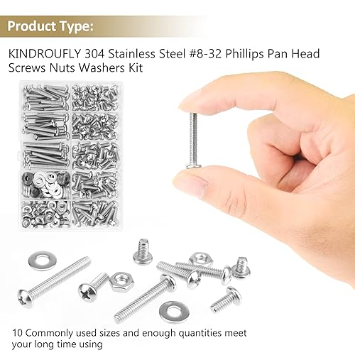 Miniatura 5 de Juego de 202 piezas #8-32x 14", 516", 38", 12", 58", 34", 1", 1-14", Tornillos Phillips con cabeza sartén, tuercas y arandelas surtidas, acero
