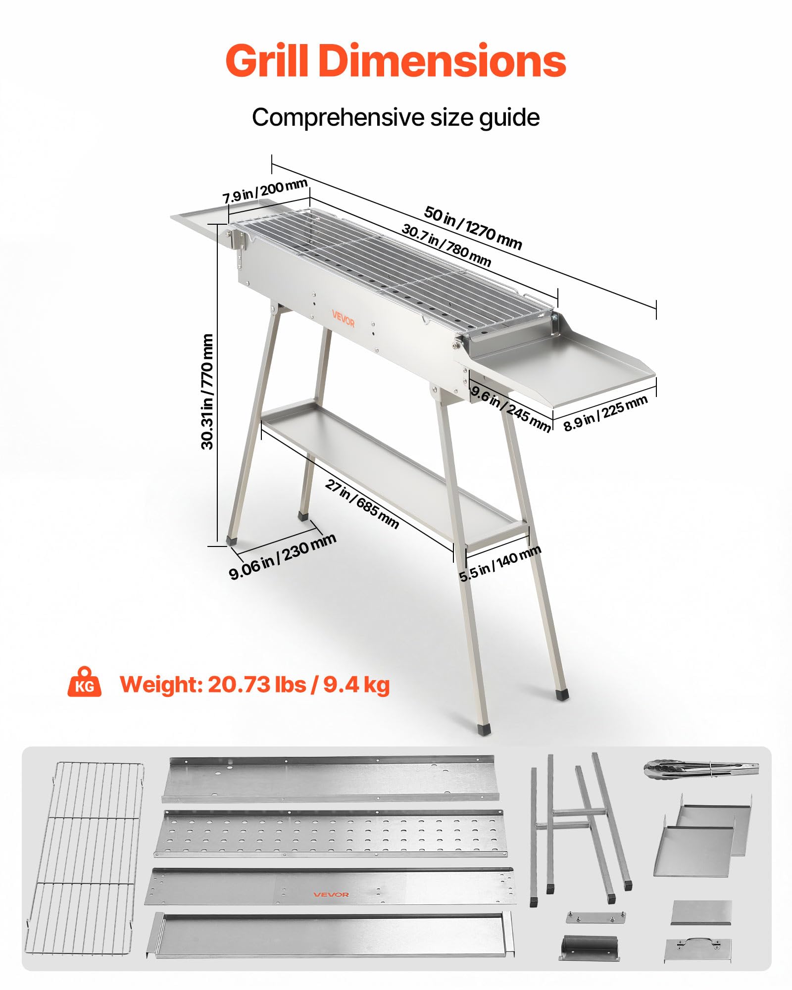 VEVOR Barbacoa de Carbón Plegable 0,16 m², Parrilla de Carbón Portátil con Bandeja de Carbón Elevable y Mesas Laterales, Barbacoa de Acero Inoxidable para Acampar al Aire Libre, Fiestas en Jardín