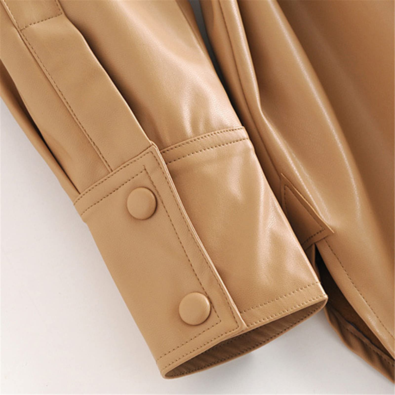 Giacche in ecopelle da donna con fascia in PU cappotto rovesciato collare giacca solida con velluto High Street autunno primavera, Beige, S