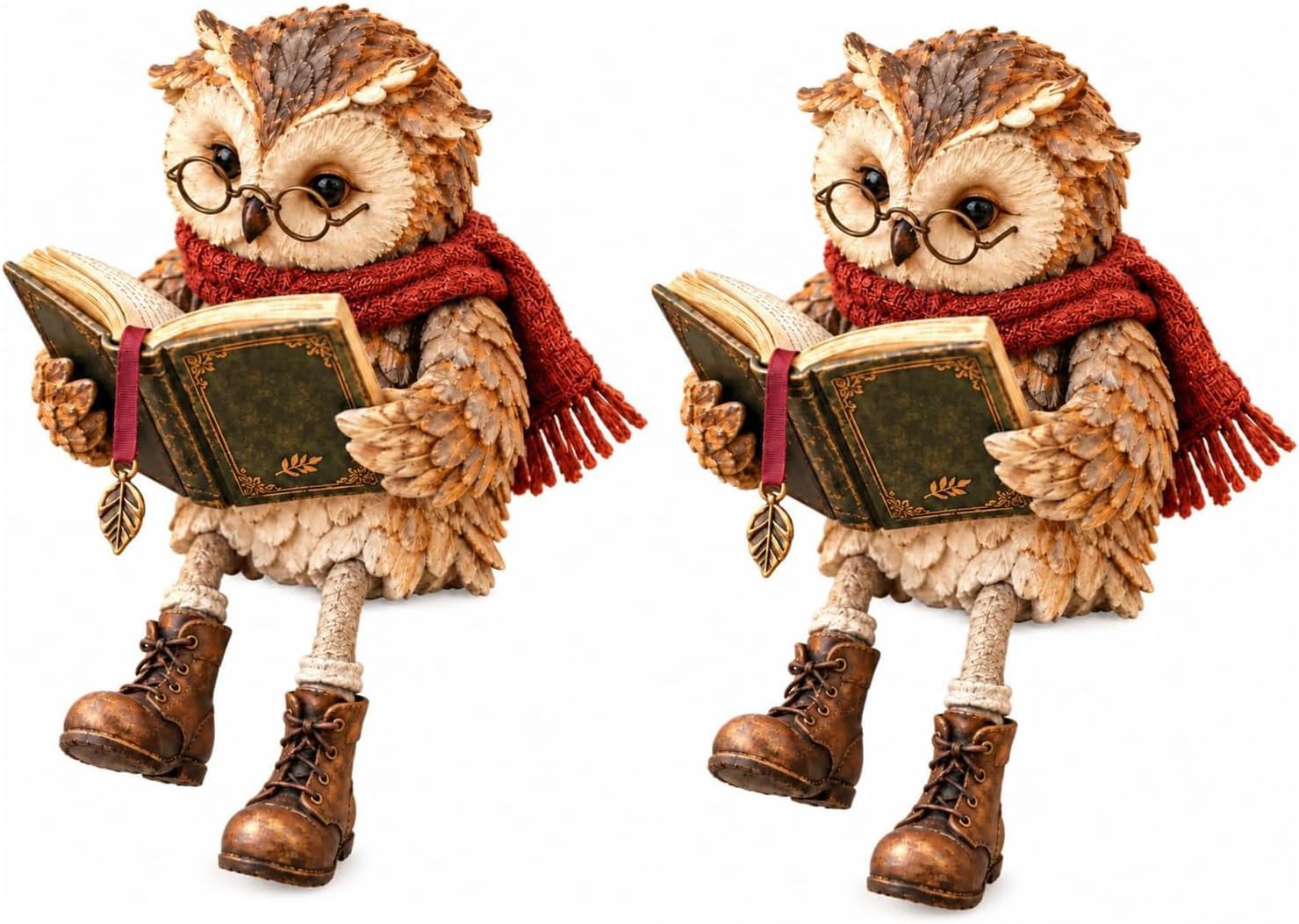 Reading Owl Figurine Owl Statue with Book Glasses Dangling Legs, Detailed Rustic Craftsmanship, Woodland Farmhouse Tabletop Decor, vintage shelf for Bookshelf, Mantel and Reader Gifts (2PCS)