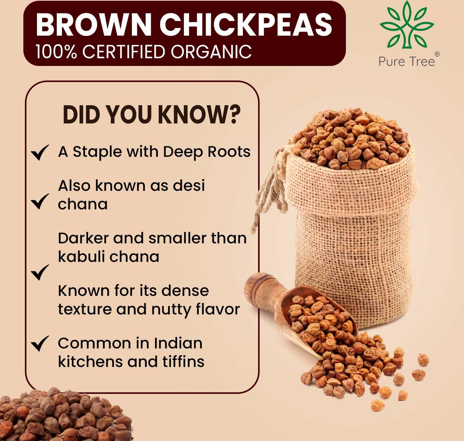 Pure Tree Certified Organic Kala Chana | 850 g | Brown Chickpeas | Desi Chana Whole Kadle Kalu | Plant Based High Protein Kondakadalai | Black Gram Whole Black Chickpeas - Image 6 thumbnail