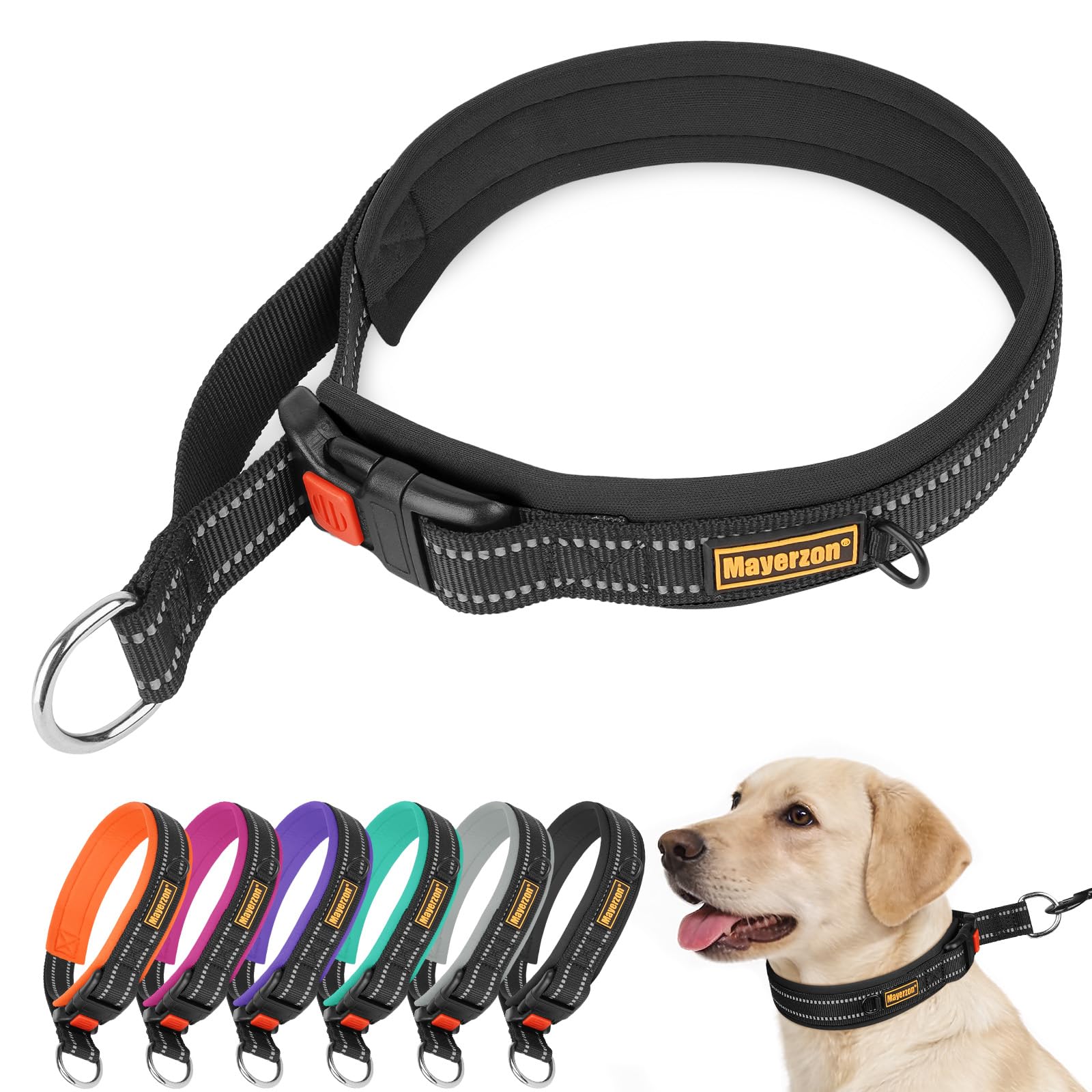 Mayerzon 3.8CM Wide Martingale Collar for Large Medium Small Dogs Pitbull German Shepherd, No Pull Reflective Slip Martingale Dog Collar with Buckle Soft Padded for Walking Training(Black, XXL)