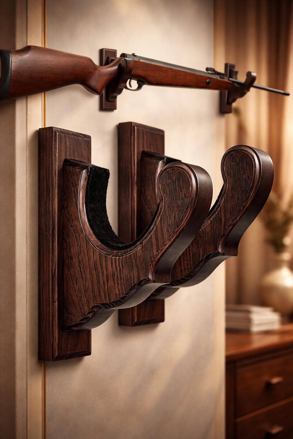 The expo crafts Wooden Gun Wall Mount Rack – Rifle Holder Hooks for Shotgun, Air Rifle & Firearm Display – Wall Mounted Gun Storage Hangers with Protective Padding – Set of 2-picture-22