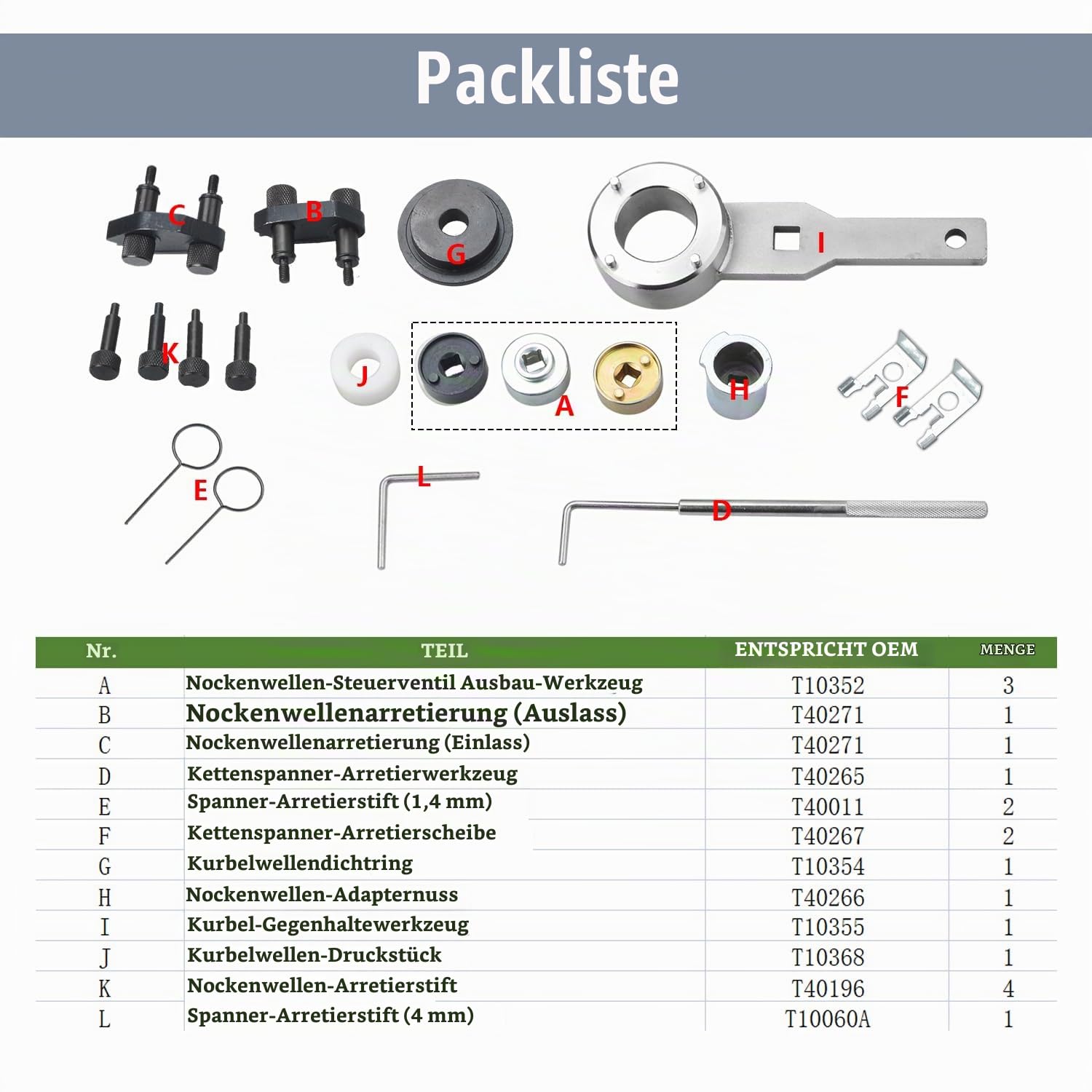 Motor-Nockenwellen-Arretier-Ausrichtungs-Timing-Werkzeugsatz Kompatibel mit VW Skoda VAG 1,8 2,0 TSI/TFSI EA888 T10352 T40196 T40271 T10368 T10354 mit T10355 (21 Stück)
