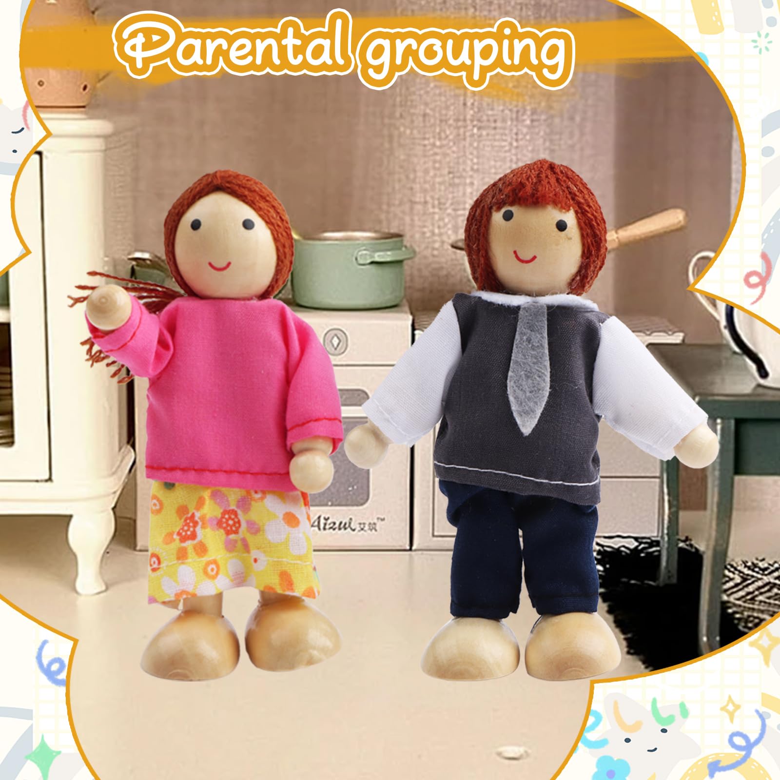 10 Pcs Wooden Dollhouse Family Set Of 8 Mini People Figures And 2 Pets, Dollhouse Dolls Wooden - View #10