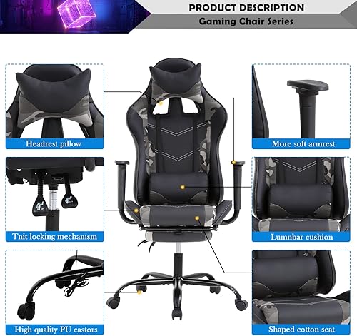 Miniatura 24 de Silla de juegos de estilo de carreras, silla de escritorio ergonómica con reposacabezas y soporte lumbar, respaldo alto, silla reclinable de