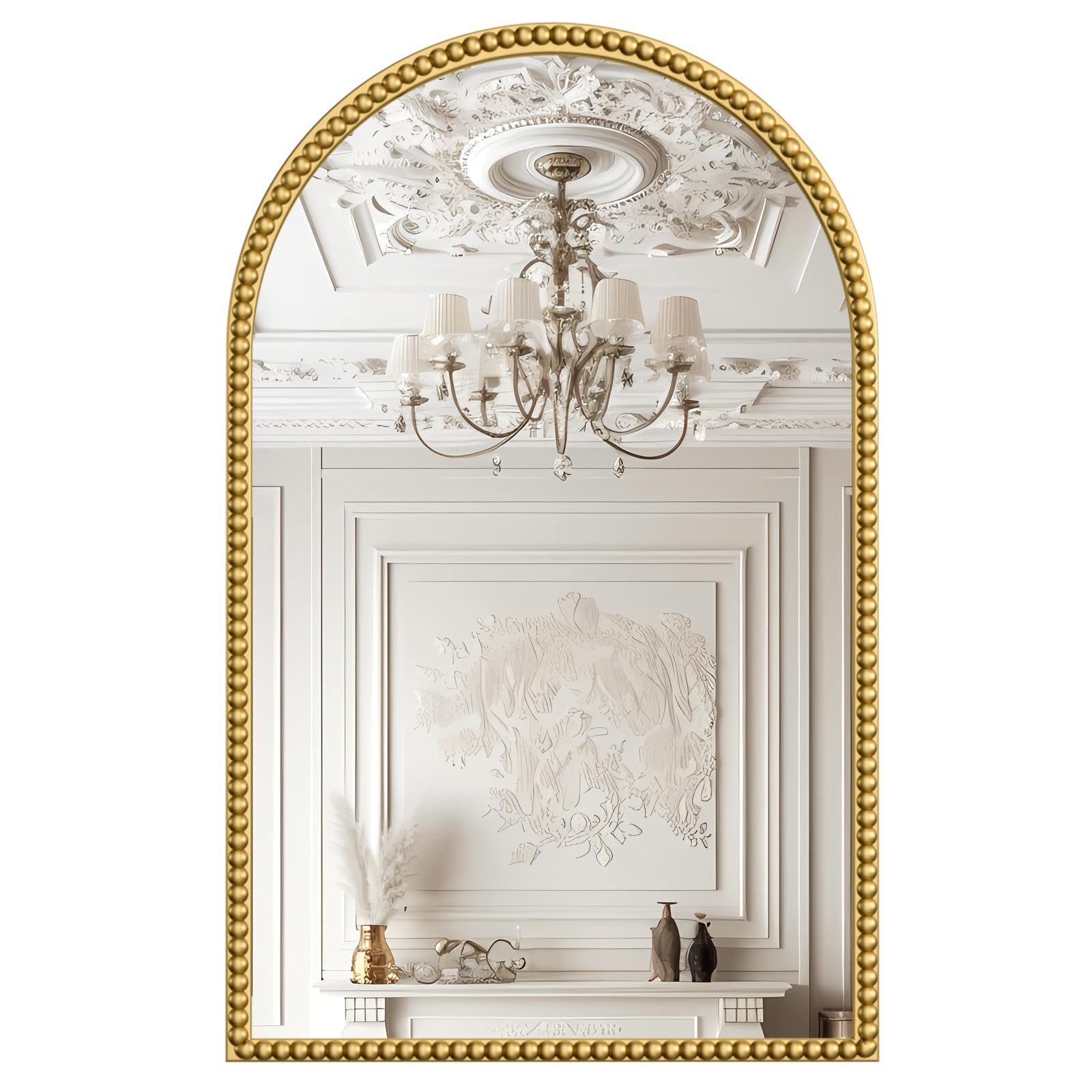 24''x36'' Arched Wall Mirror with Gold Beaded Frame Decorative Accent Mirror, Modern Distressed Wall Decor for WashRoom, Bathroom, Bedroom, Living Room, Entryway