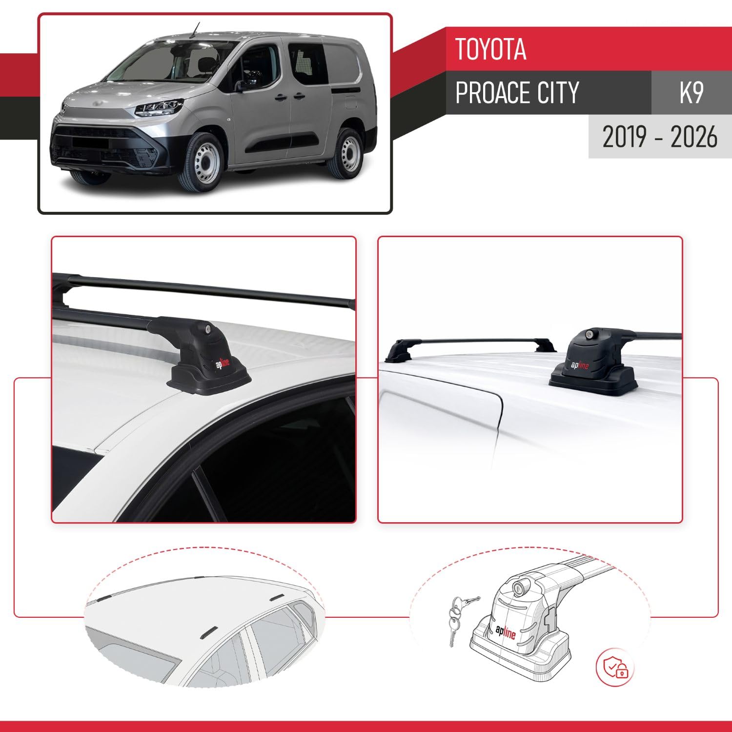 Compatible con Toyota Proace City (K9) 2019-2026 Modelo Ace-3 Barra de Techo Auto Portaequipajes Barras Transversales Negro Aluminio 2 Barras