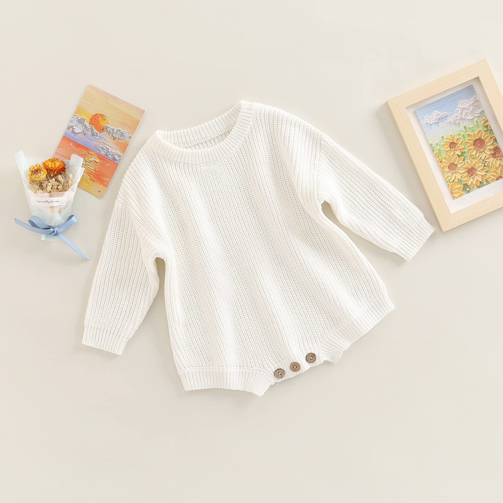 FYBITBO Baby Girl Boy Sweater Knit Oversized Pullover Sweatshirt Romper Onesie Warm Fall Winter Clothes Outfit Newborn (Solid White Color,Newborn)