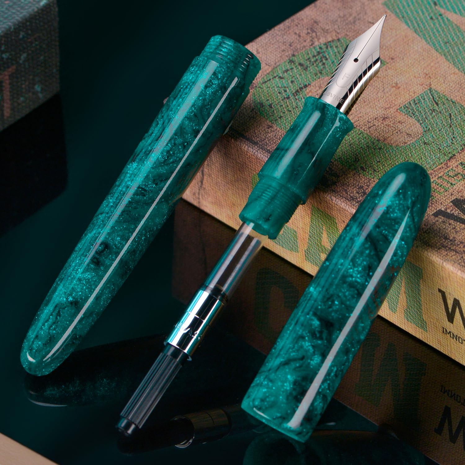 Asvine Penna stilografica C80 n. 8, pennino da 1,1 mm, penna grande per calligrafia, disegno artistico, con convertitore, set da collezione (verde glitterato)