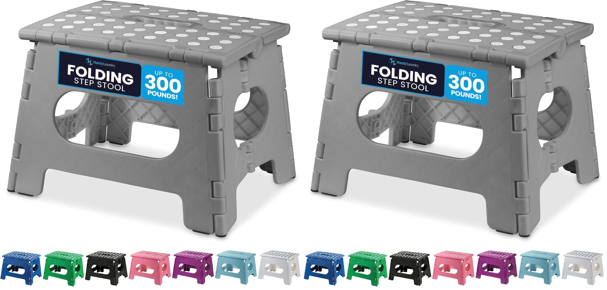 Handy Laundry Folding Lightweight Step Stool - Sturdy Enough to Support Adults and Safe Enough for Kids - Opens Easy with One Flip - Great for Kitchen, Bathroom or Bedroom (Grey - 9 Inch) (Pack of 2)