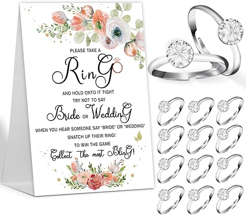 Juego de despedida de soltera con anillos, un letrero y 50 anillos, no digas novia o juego de boda, despedida de soltera y juegos de despedida de