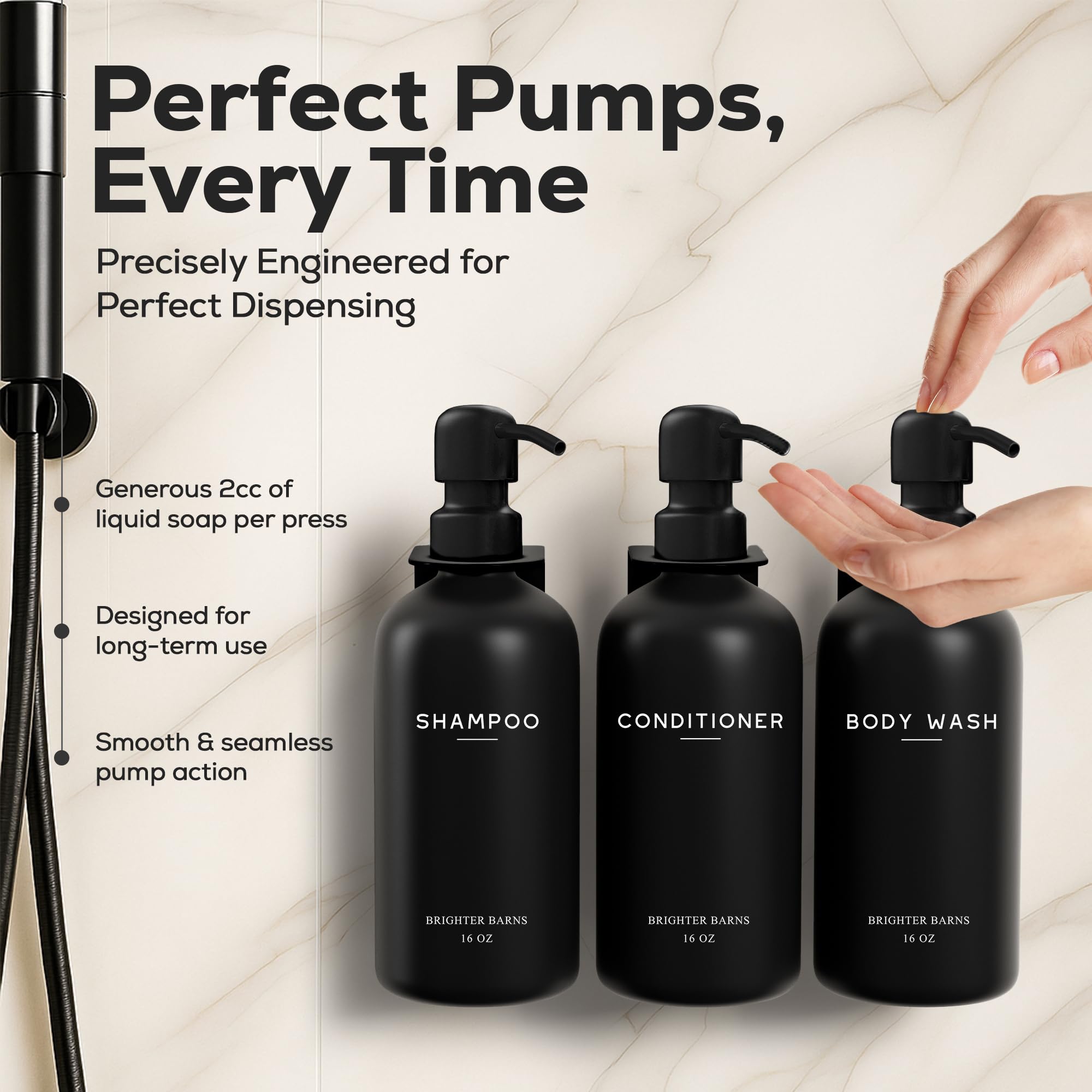Brighter Barns Shampoo- und Conditioner-Spender-Set, Wandmontage, 3 Kammern, kein Bohren, Shampoo-Flaschen für Duschwand, nachfüllbarer Kunststoff-Duschseifenspender für Airbnb, Wohnmobil, Hotel