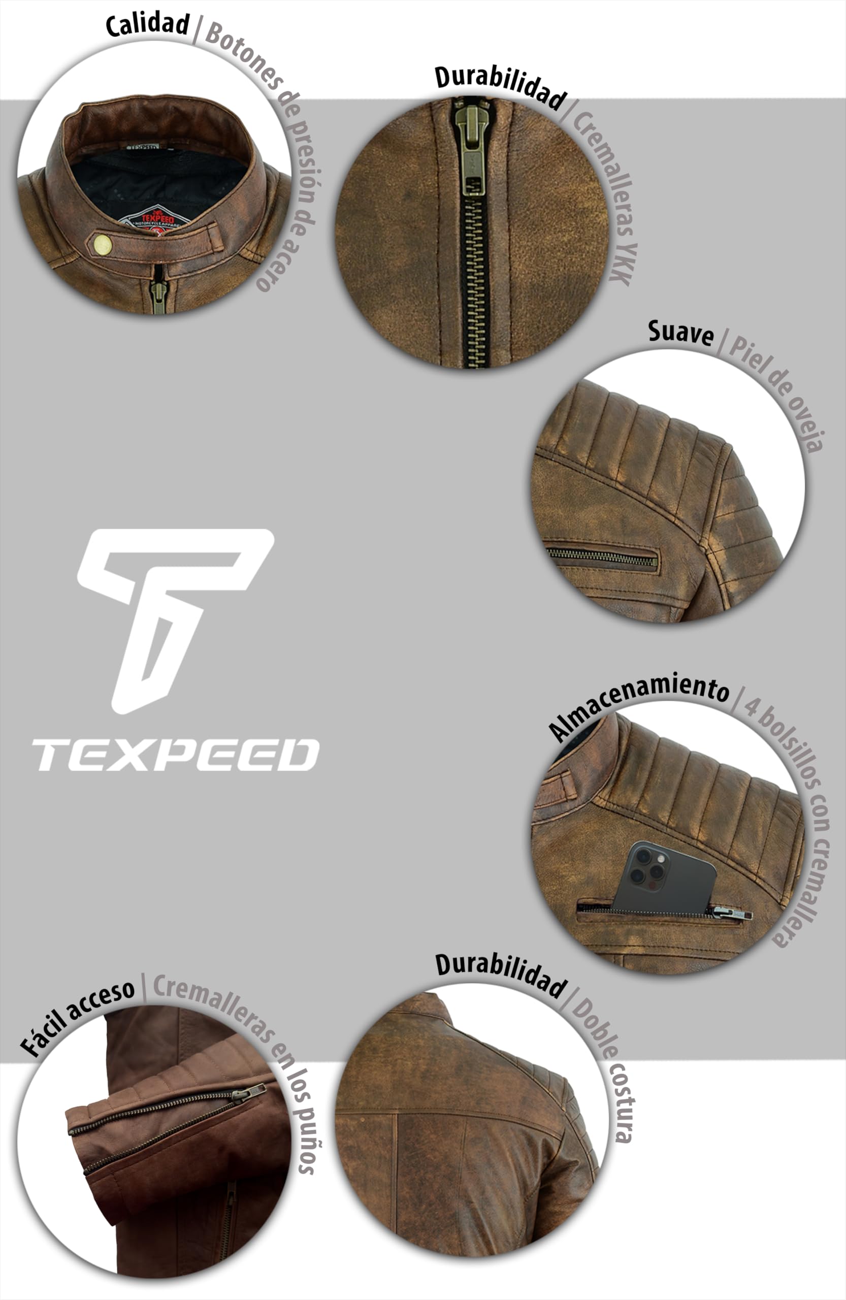Texpeed Chaqueta de cuero informal para hombre - Piel de oveja suave genuina estilo motocicleta