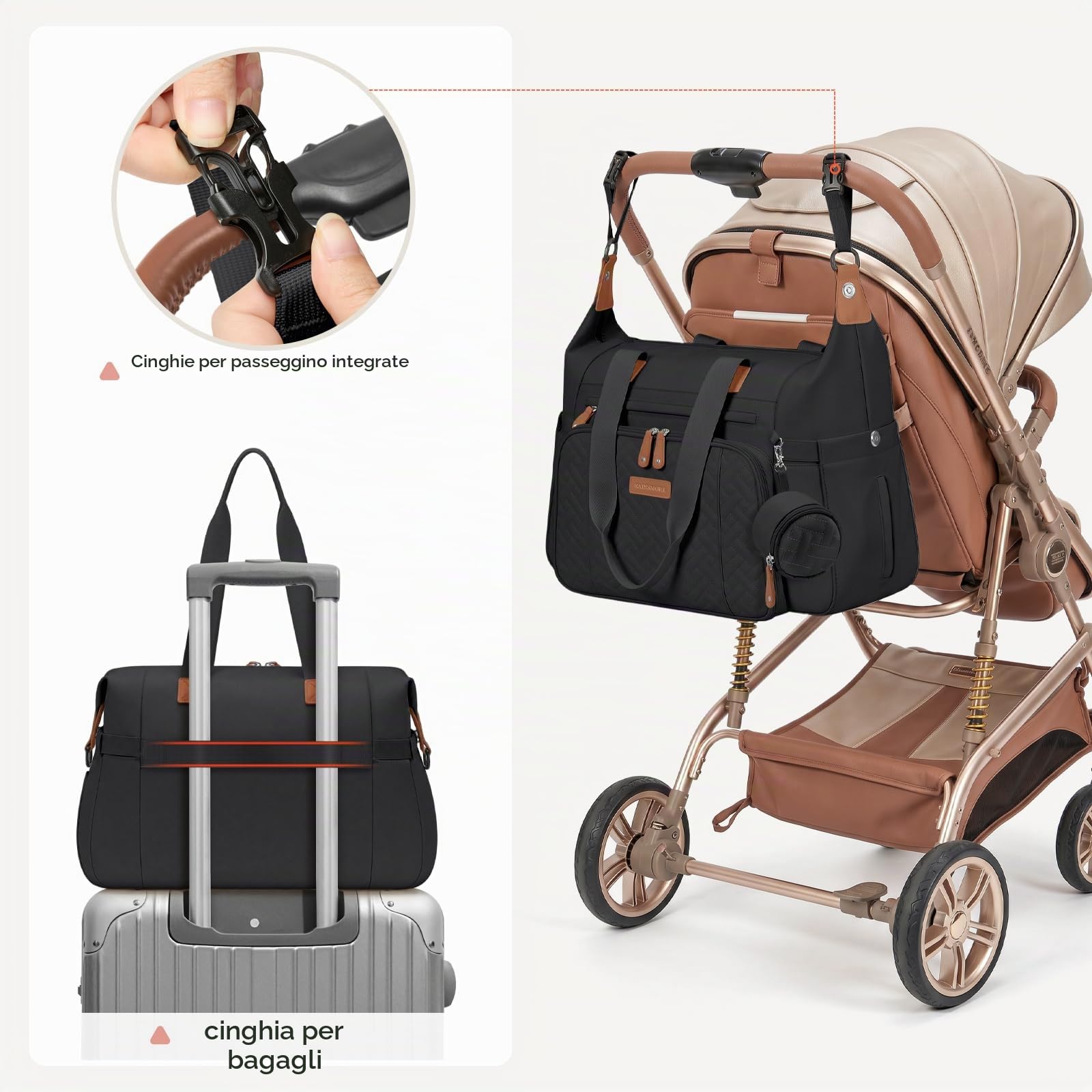 RAINSMORE Borsa Cambio Neonato con Fasciatoio per Passeggino Impermeabile | Borsa Fasciatoio Neonato Bambini per Mamma Papà Grande Capacità Multifunzionale con Tasca Termica Borsa per Ciuccio Nero