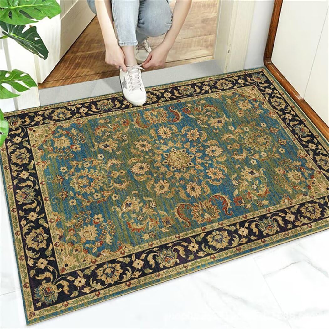 Tapis de salon bleu 160x200cm à motif floral rétro lavable