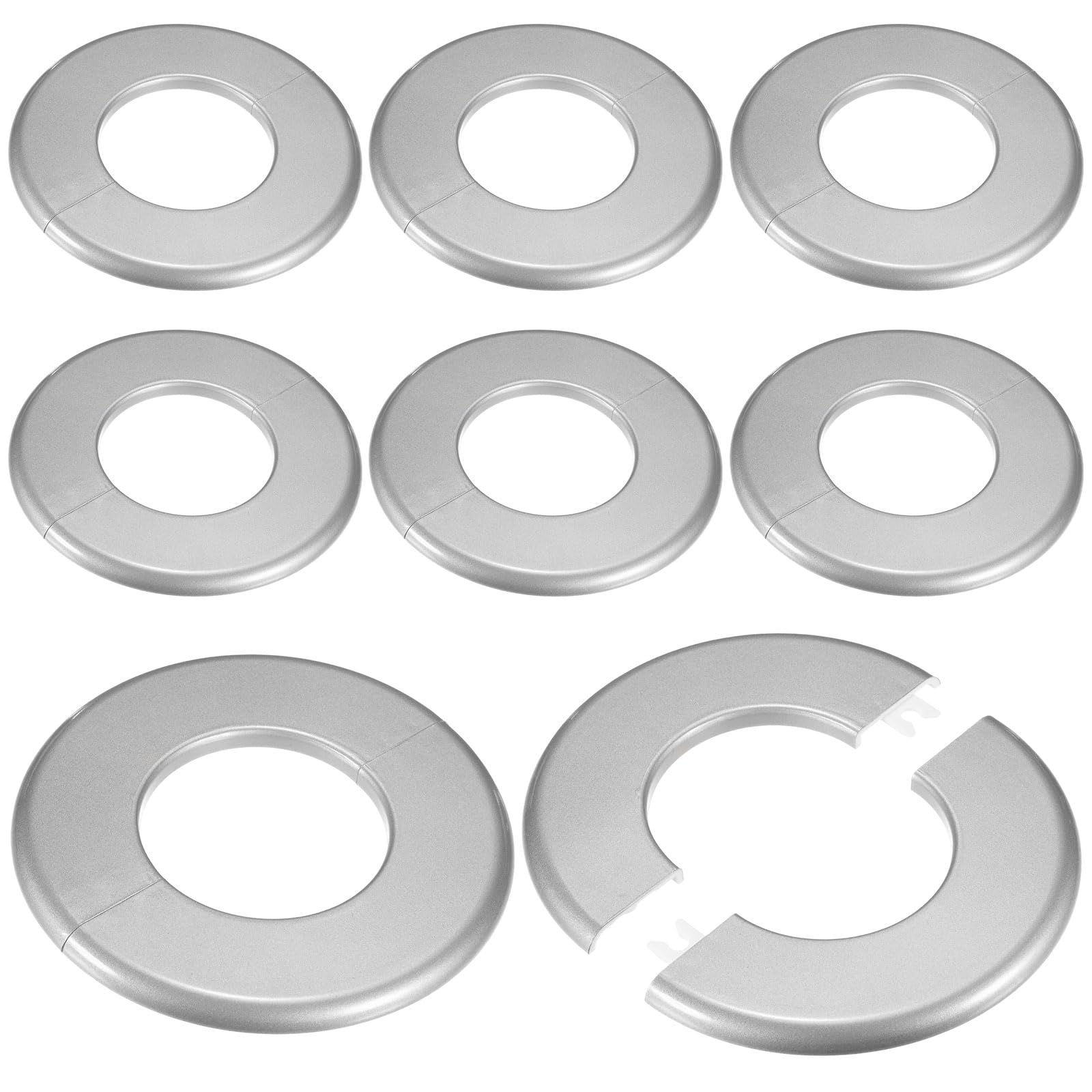 M METERXITY 8-Pack Wall Split Flange, 64mm[2.52"] ID ABS Round Self-Adhesive Escutcheon Plate Cover Buckle for Pipe Accessories/Floor/Ceiling, Plumbing Cover Plates [Silver, 130mm 5.12" OD]