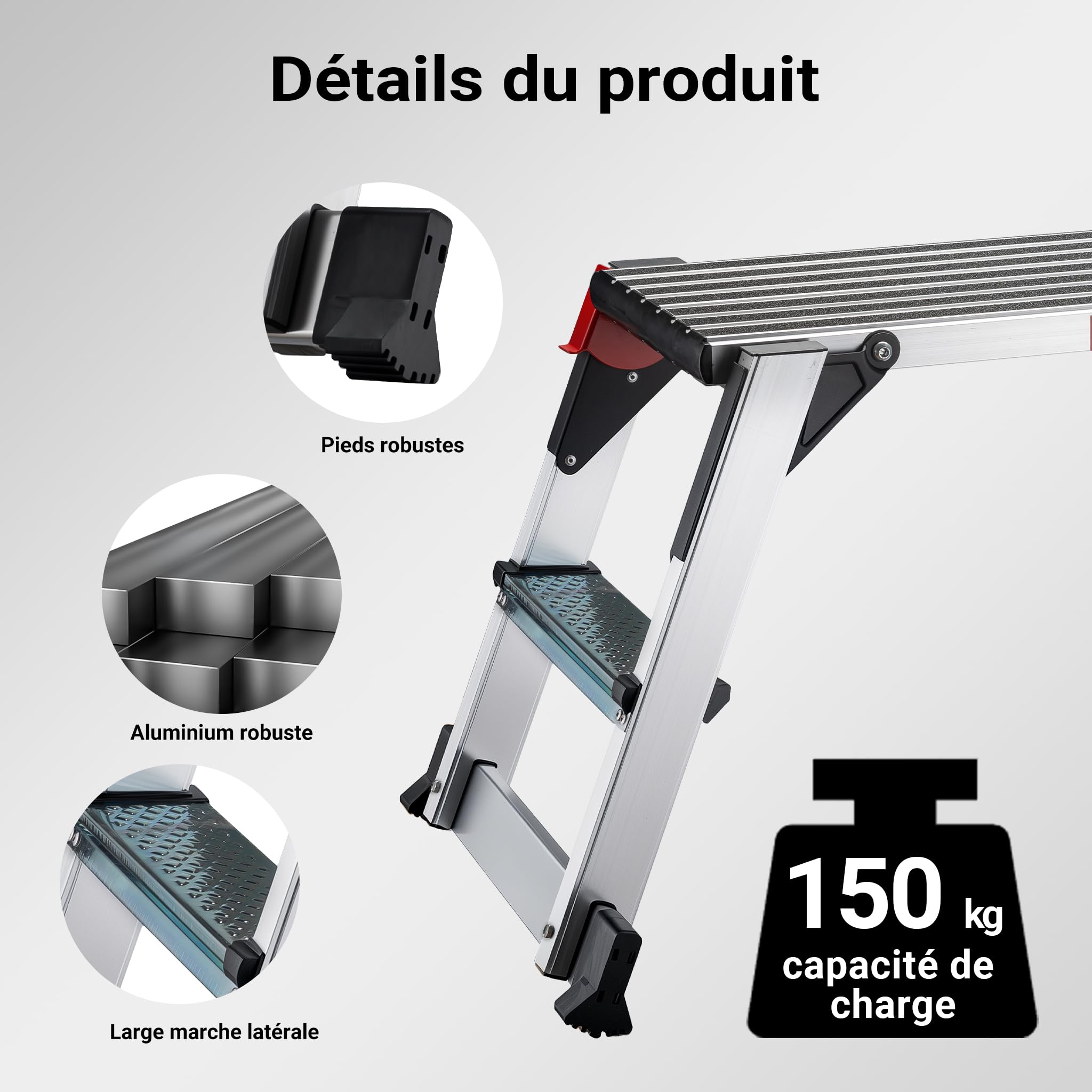 Wiltec Plateforme de Travail – 126 x 52 x 49 cm – Surface de marchepied 95 x 30 cm – Escabeau Pliable en Aluminium – Plate-Forme échelle antidérapante