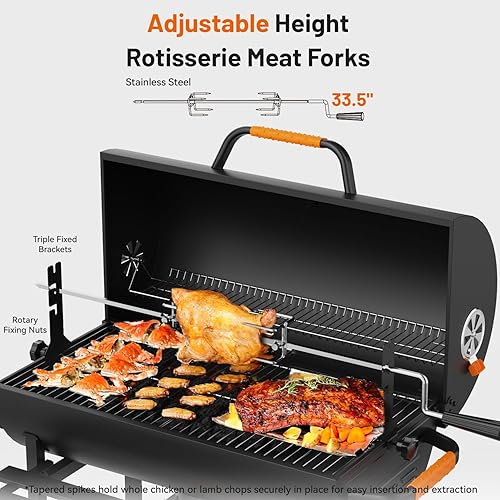 Miniatura 4 de KEYO GRILL Parrilla de carbón de barril de 29 pulgadas, parrilla de barbacoa resistente con tenedor manual para carne, colector de cenizas