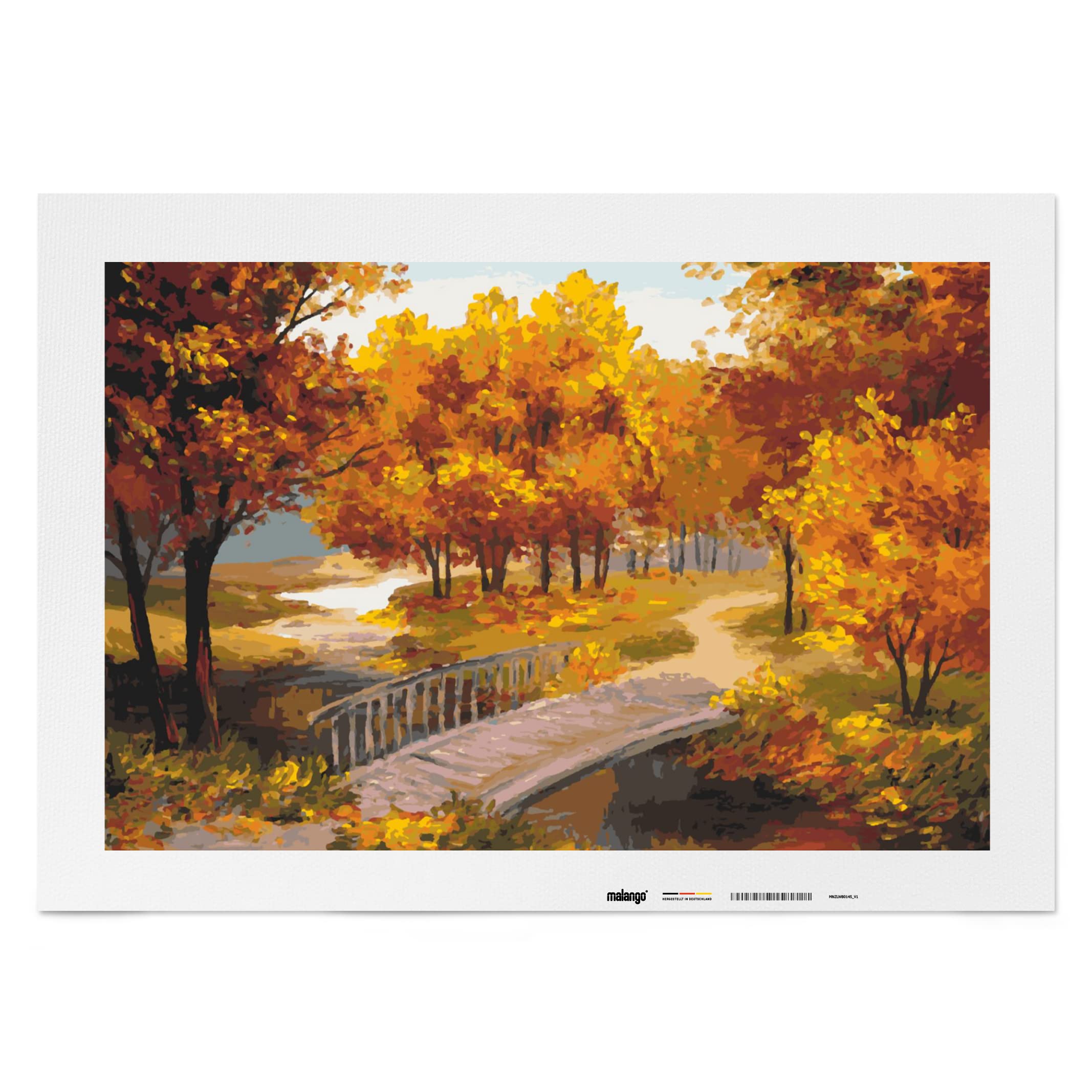 Malen nach Zahlen Erwachsene - Landschaft Brücke im Herbst 90 x 60 cm groß XL Premium-Malset ohne Rahmen, Hergestellt in unserer Produktion in Deutschland, Kreative