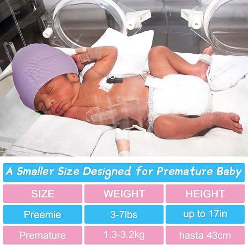 Miniatura 2 de Hercicy Juego de 4 gorros y manoplas de algodón para prematuros, gorro para bebés sin rasguños, gorro de hospital Nicu para prematuro niño y niña
