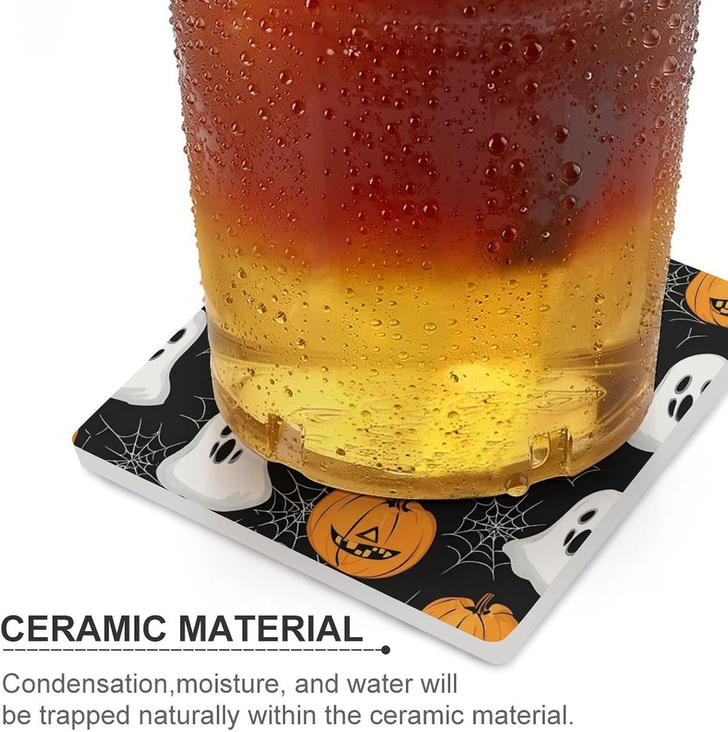 Halloween Ghost Pumpkin Coasters for Drinks Square Table Coasters Set Cup Mats with Cork Base